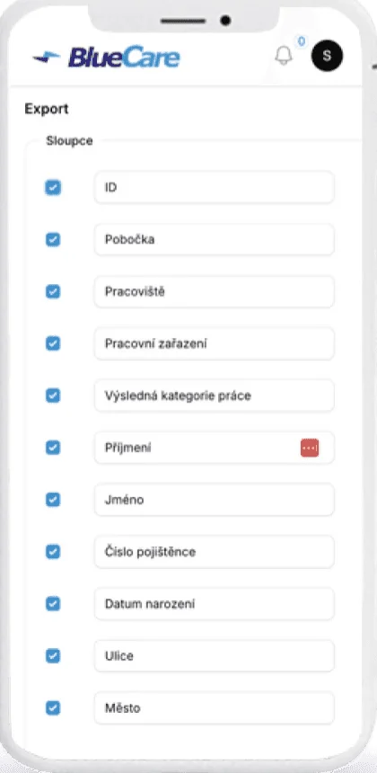 Export údajů o zaměstnancích v mobilu