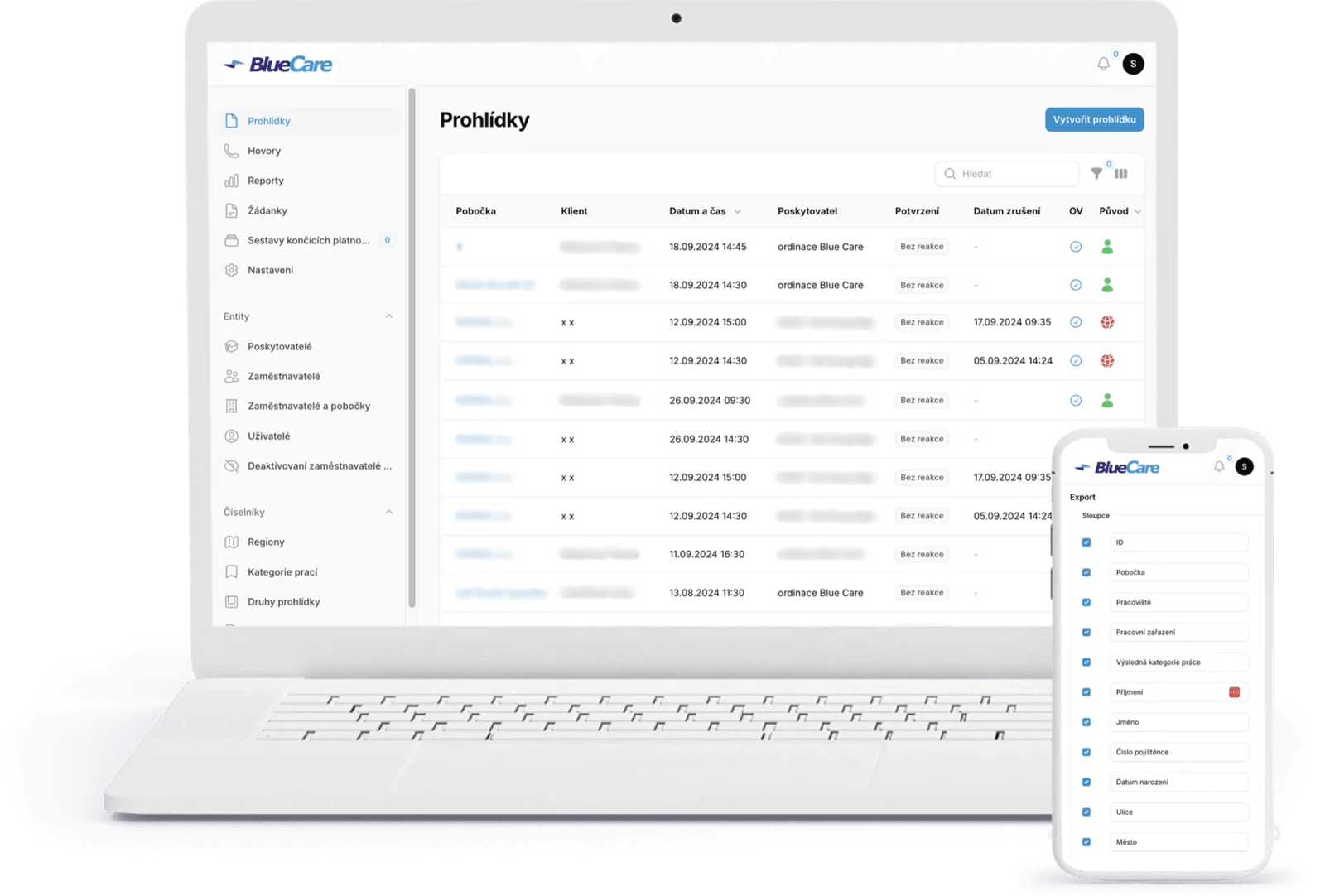 Systém BlueCare na notebooku a v mobilu: přehled prohlídek a export údajů