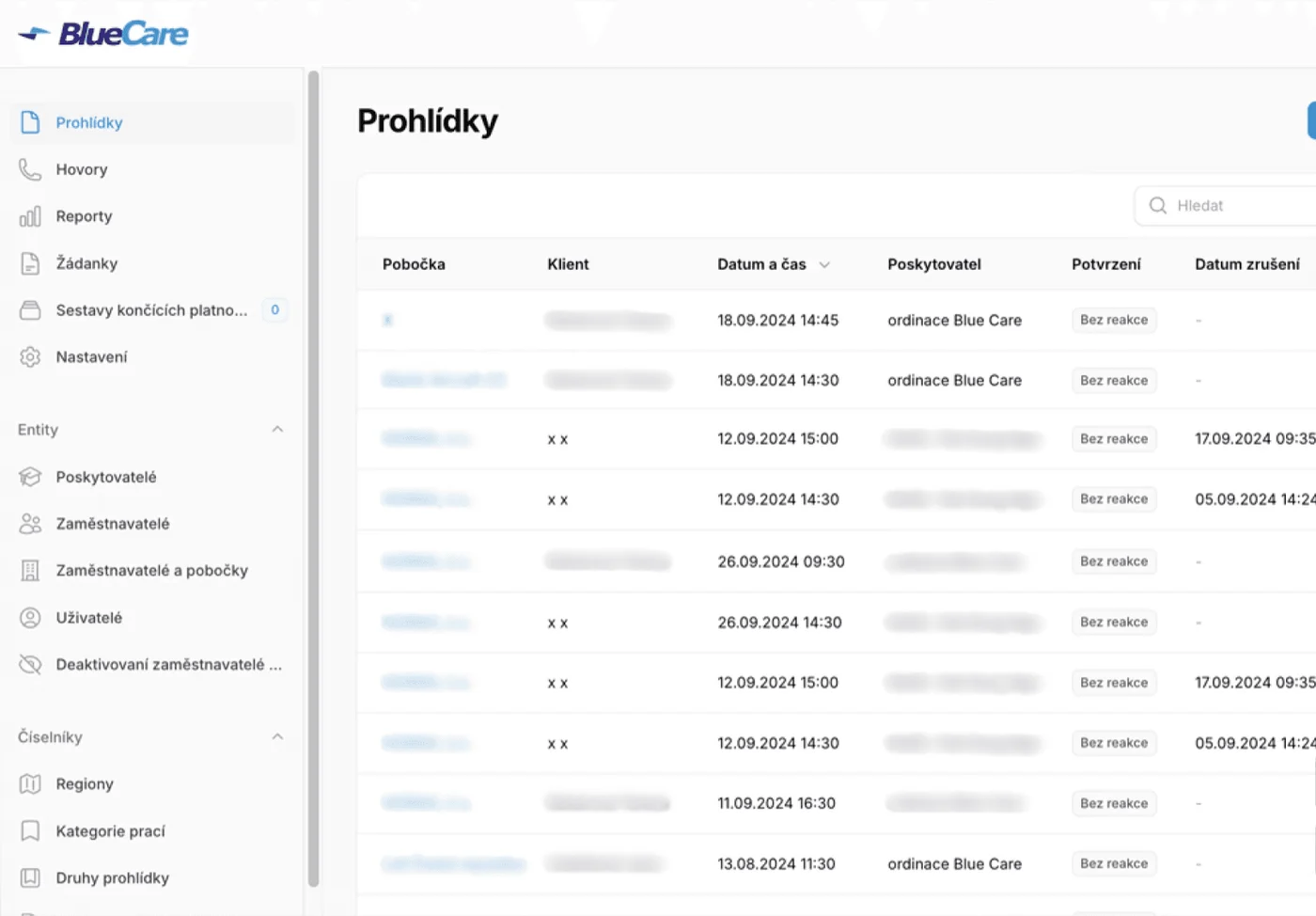 Přehled prohlídek: pobočka, termín, poskytovatel a potvrzení u každé prohlídky