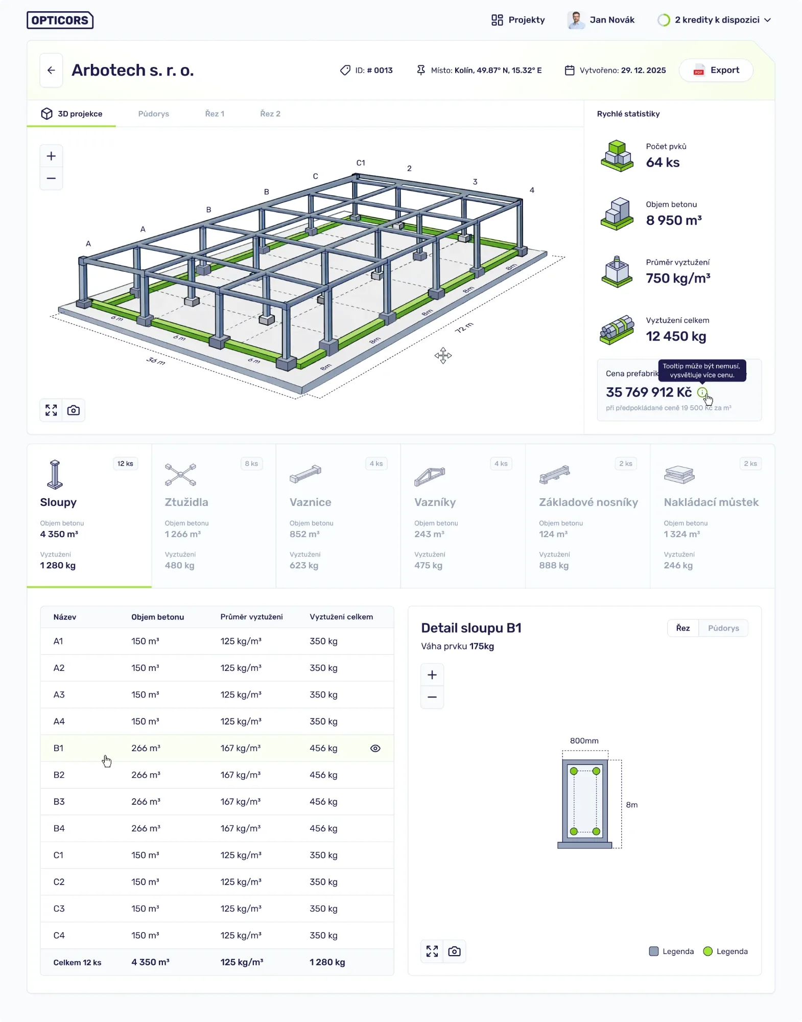 Projekt: 3D model konstrukce, statistiky prvků a sloup v řezu