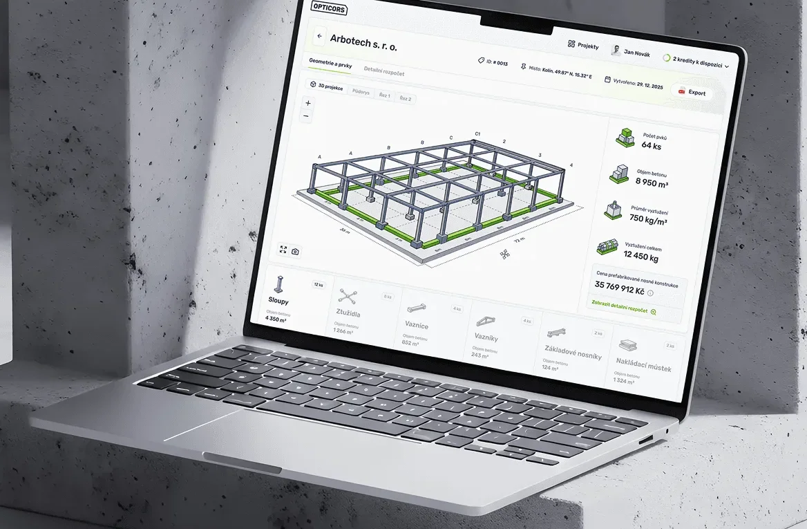 Software Opticors na notebooku: projekt haly s cenou prefabrikované konstrukce